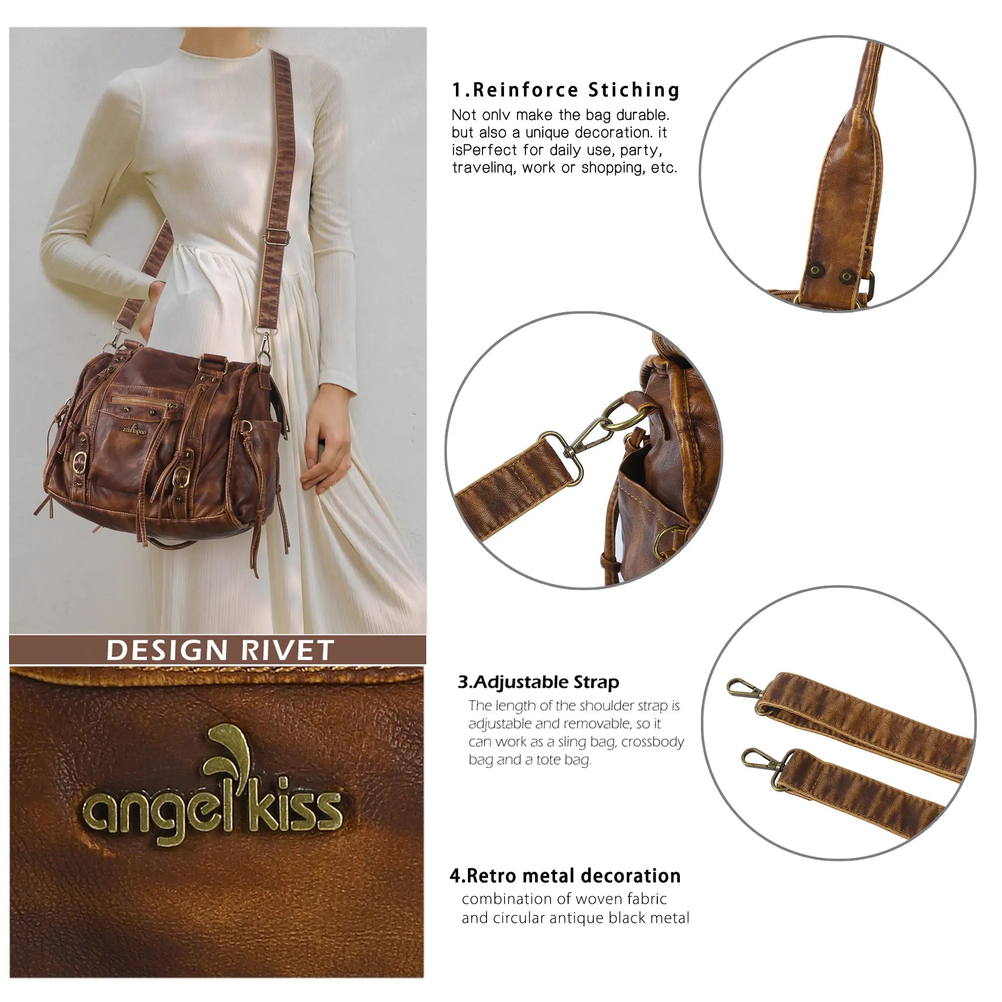 Vintage PU Leather Studded Shoulder Tote Bag for Travel