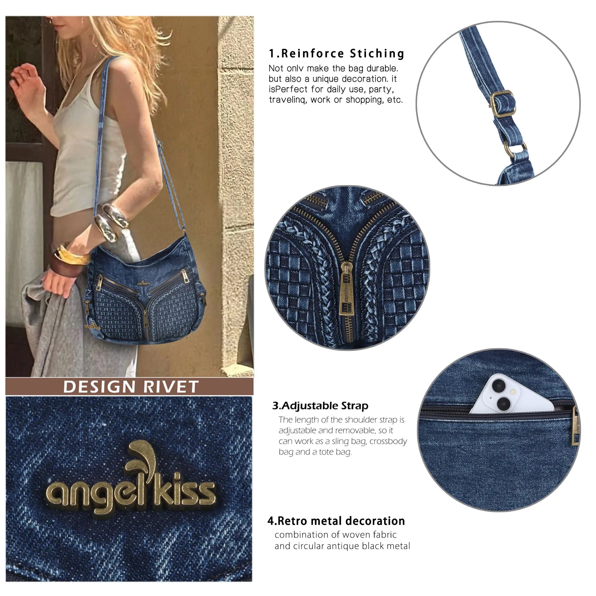 Y2K V-Zip Denim Hobo Shoulder-Crossbody Bag