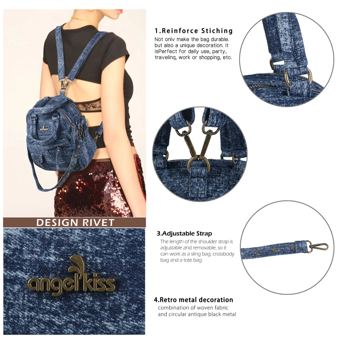 Classic Small Denim Backpack For Women
