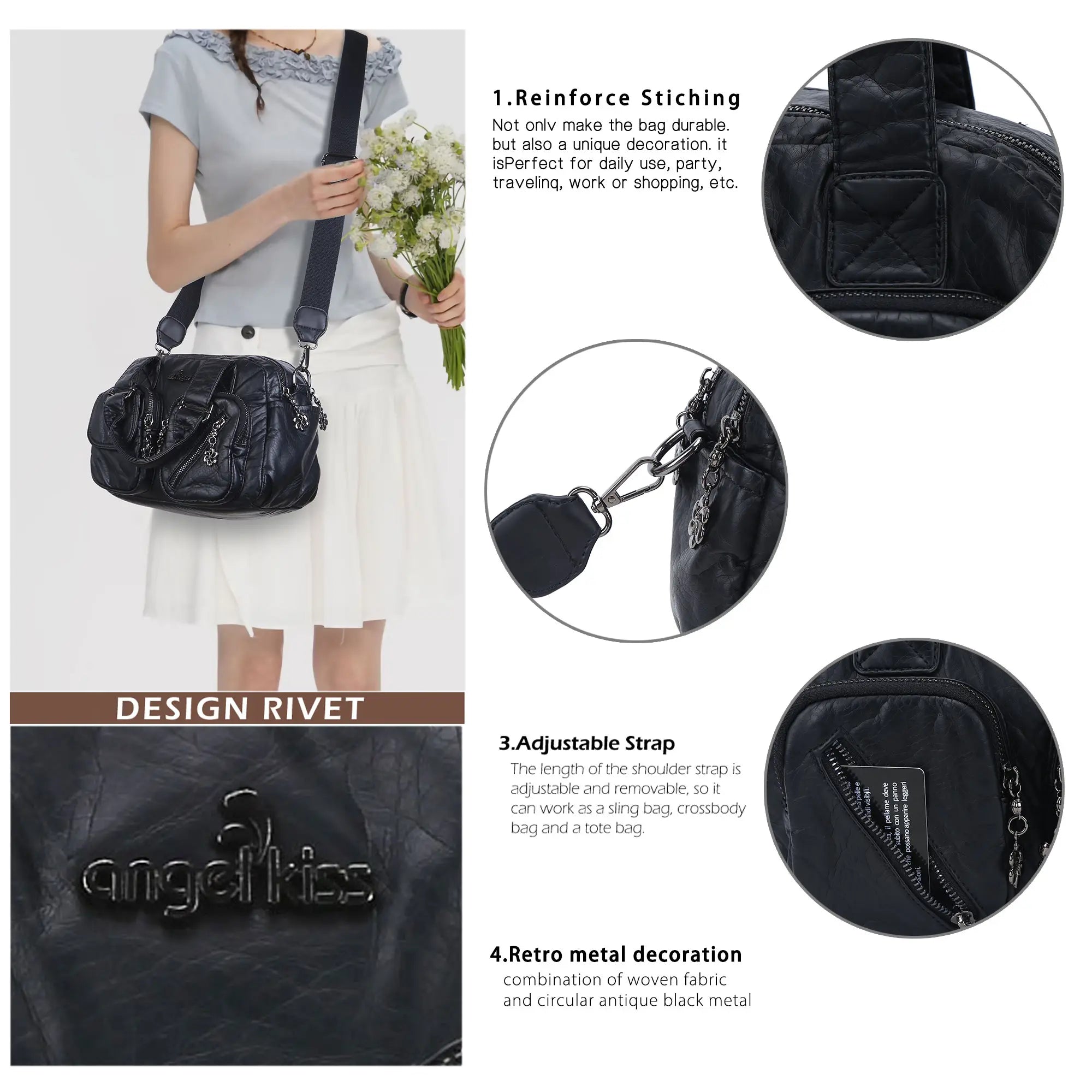 Small Multi-Pocket Satchel Bag with Adjustable Crossbody Strap