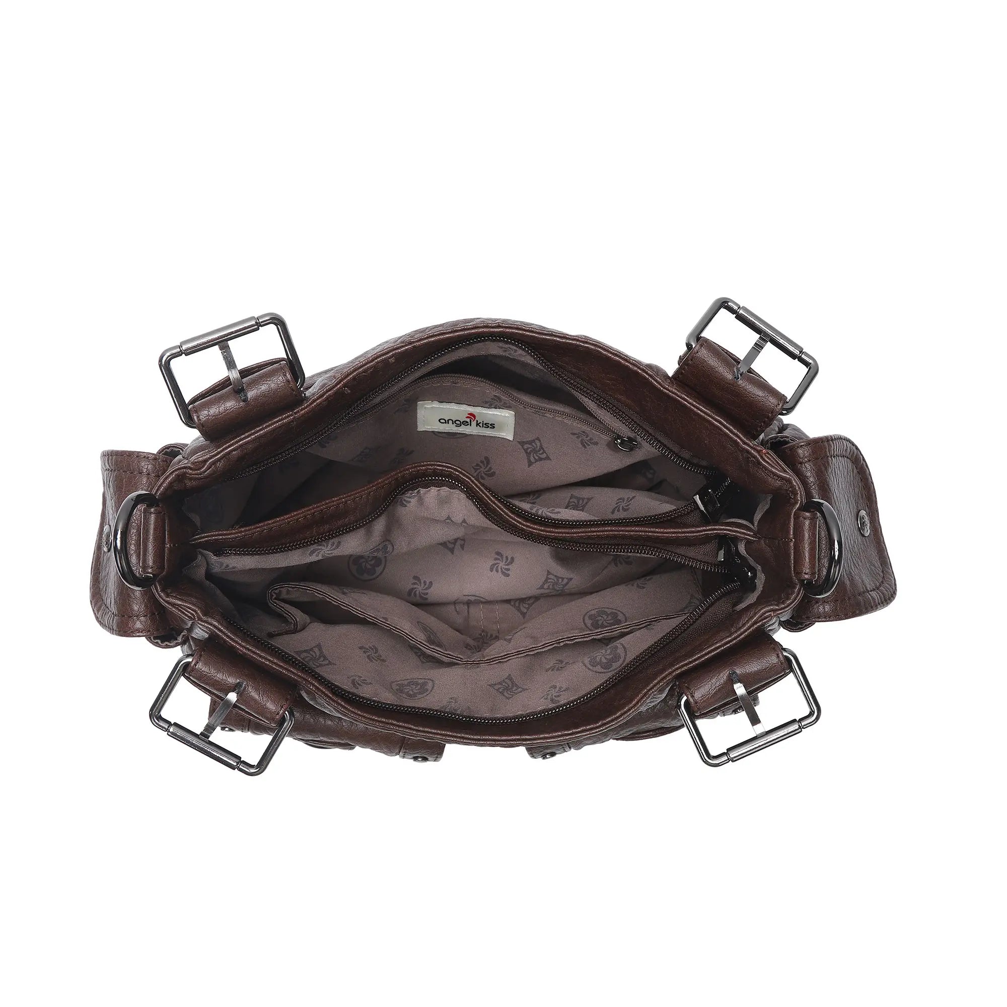 Vintage Washed Multi-Pocket Purse - Punk Studded Crossbody Shoulder Bag for Women