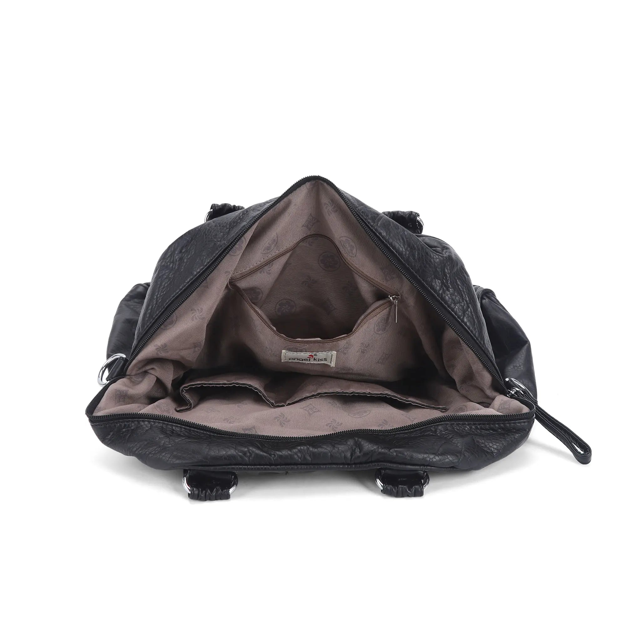 Large Multi-Zipper Pocket Satchel Bag with Crossbody Strap