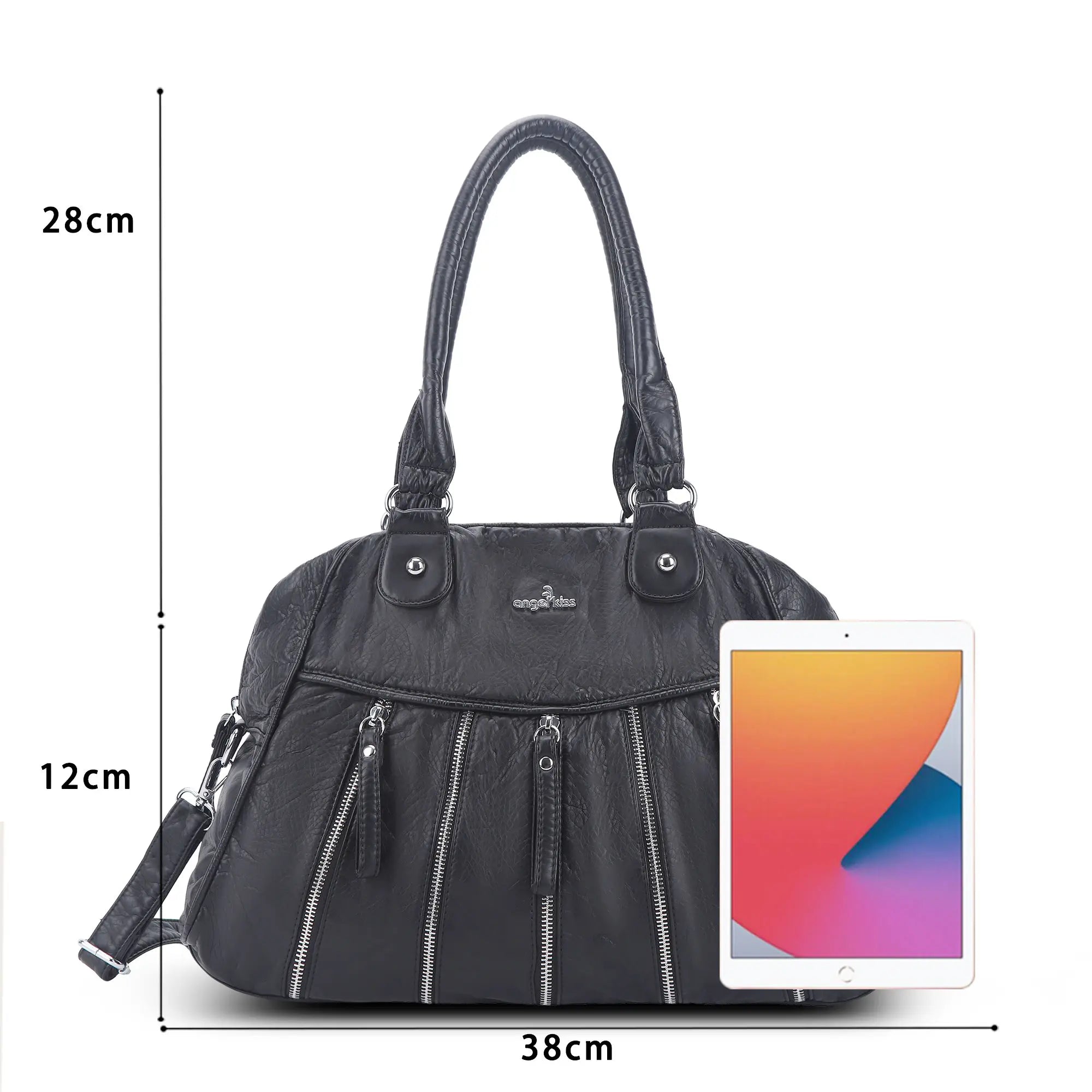 Large Multi-Zipper Pocket Satchel Bag with Crossbody Strap