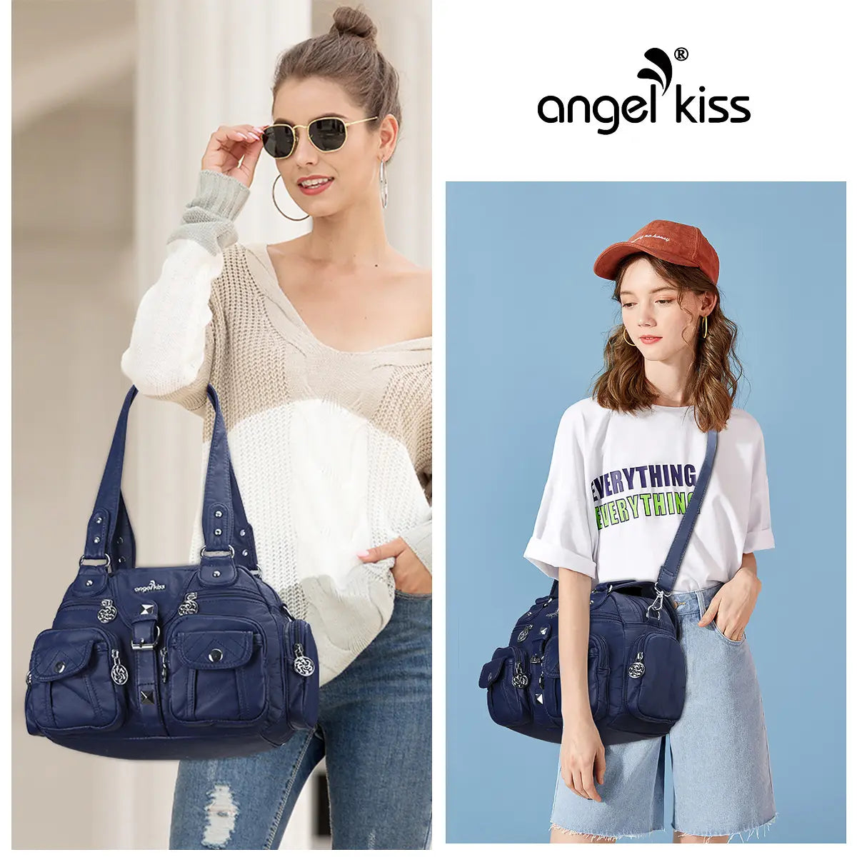 Small Double-Handle Shoulder Bag with Multiple Front Pockets