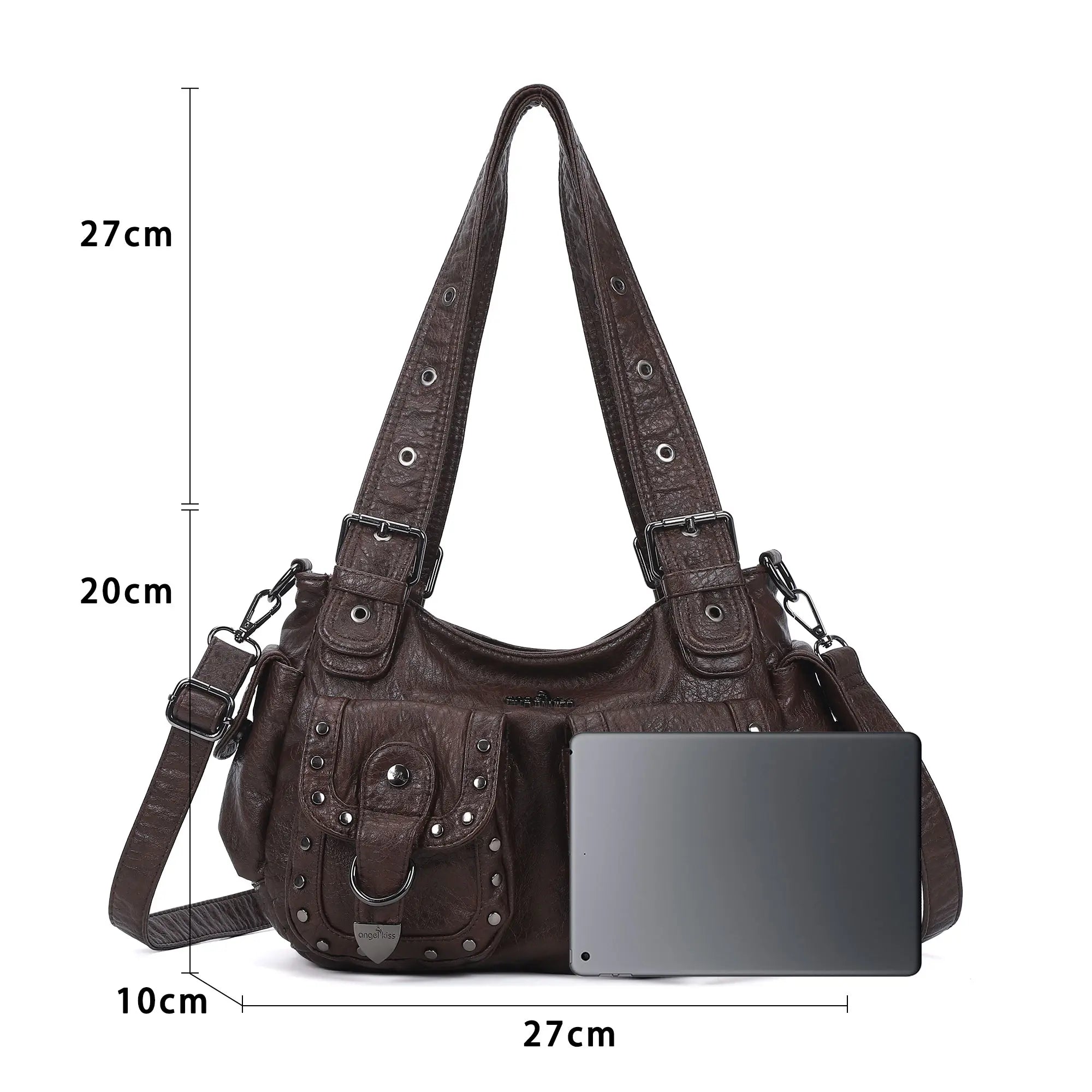 Vintage Washed Multi-Pocket Purse - Punk Studded Crossbody Shoulder Bag for Women