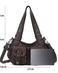 Vintage Washed Multi-Pocket Purse - Punk Studded Crossbody Shoulder Bag for Women