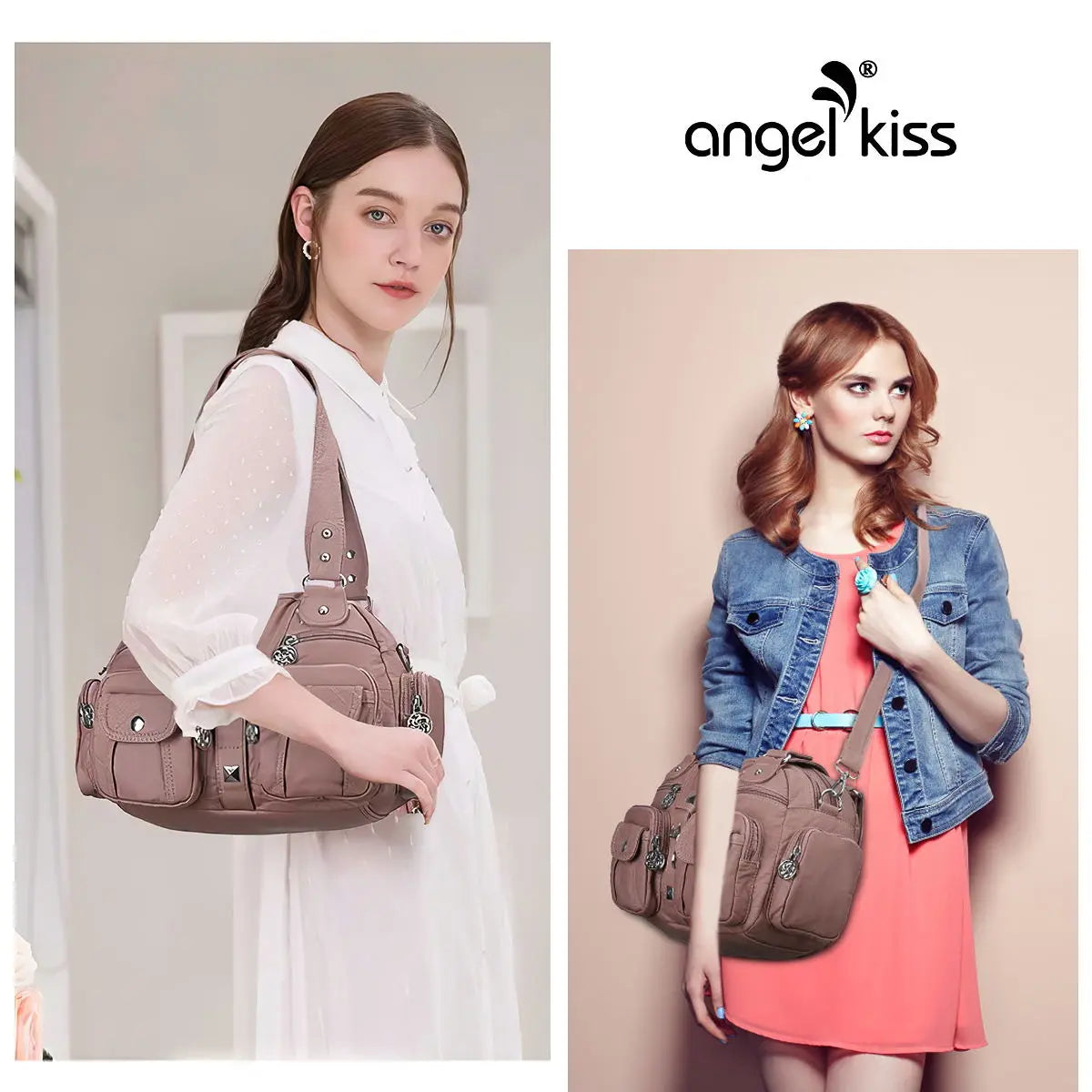 Small Double-Handle Shoulder Bag with Multiple Front Pockets