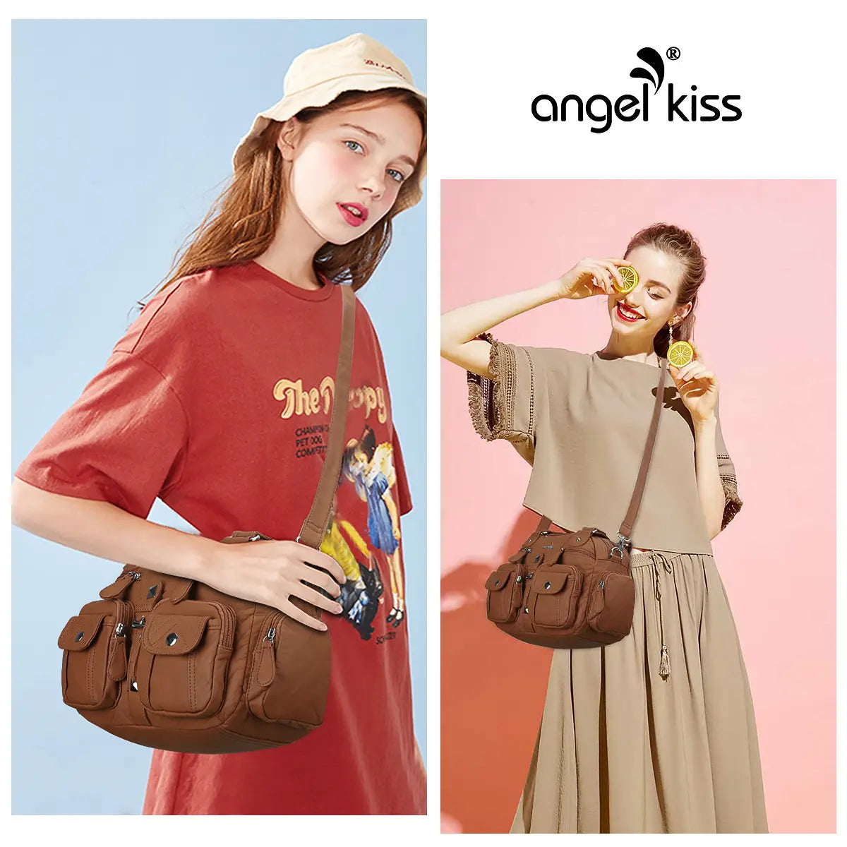 Small Double-Handle Shoulder Bag with Multiple Front Pockets