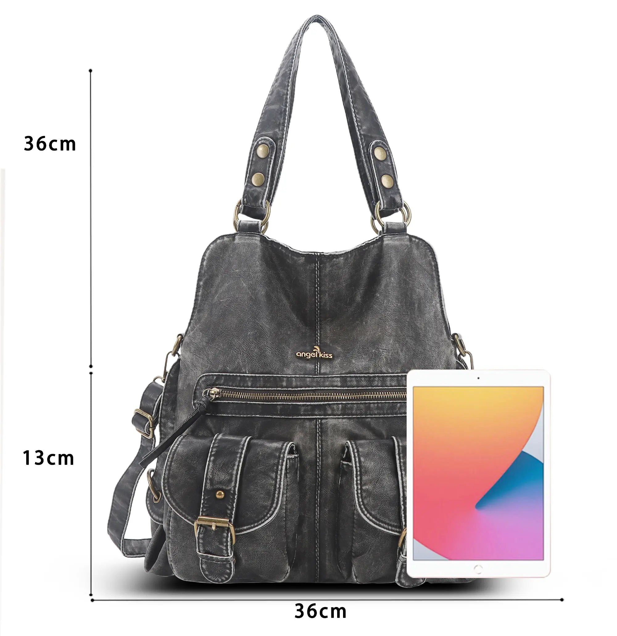 Washed Multi-Pocket Cargo Tote Bag with Crossbody Strap