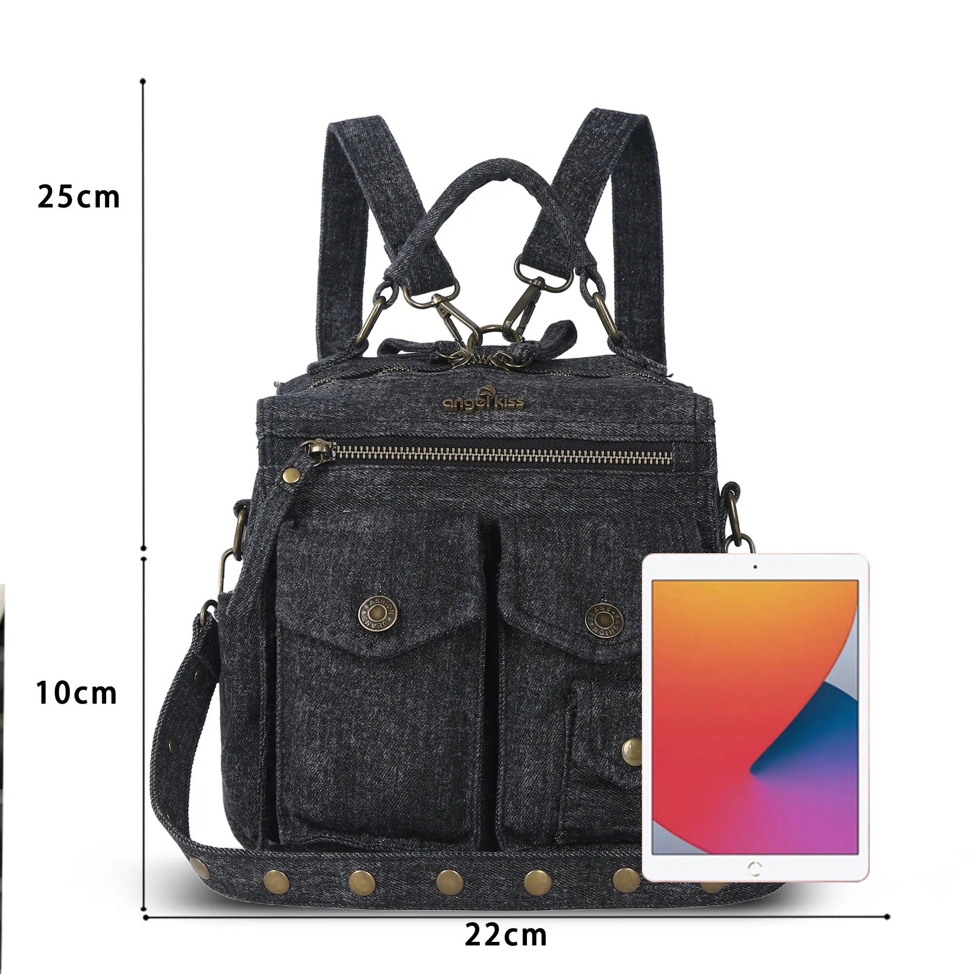 Denim Convertible Backpack Purse with Studded Strap
