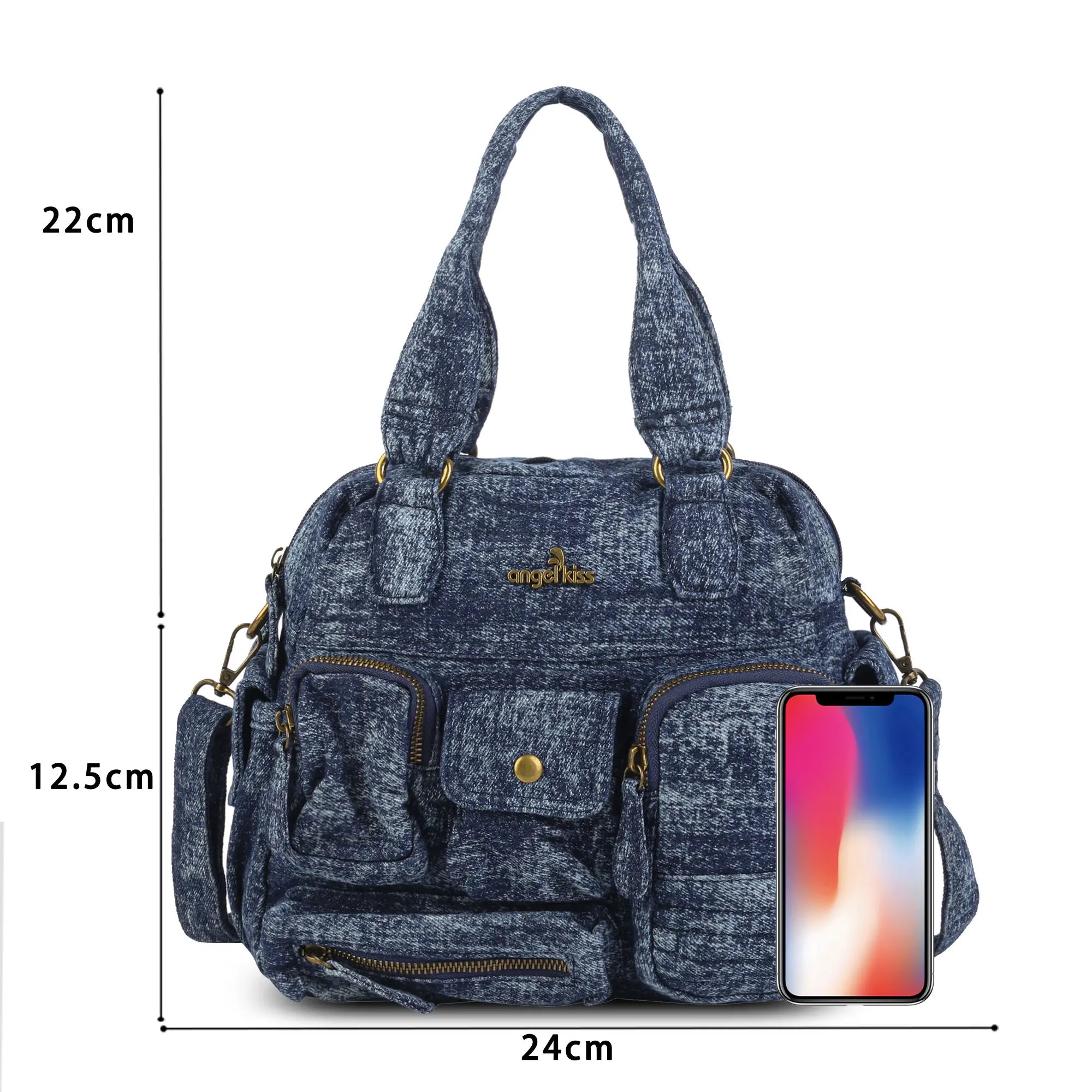 Small Multi-Pocket Denim Satchel Bag with Crossbody Strap