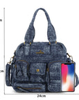 Small Multi-Pocket Denim Satchel Bag with Crossbody Strap
