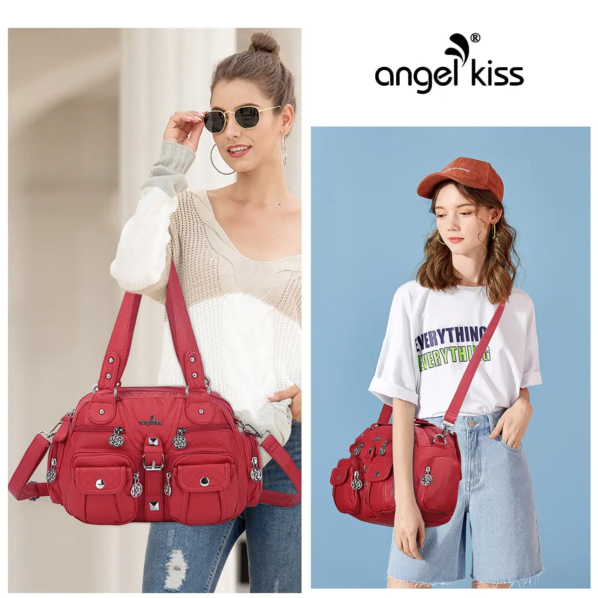Small Double-Handle Shoulder Bag with Multiple Front Pockets