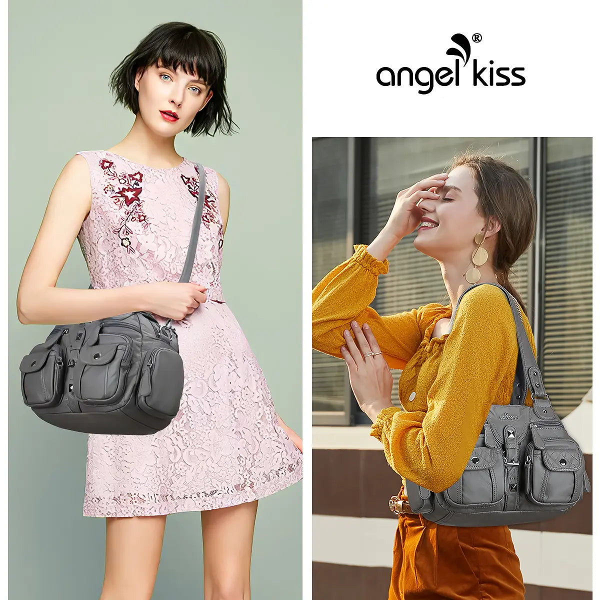 Small Double-Handle Shoulder Bag with Multiple Front Pockets