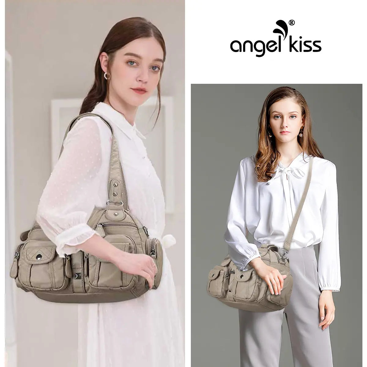 Small Double-Handle Shoulder Bag with Multiple Front Pockets