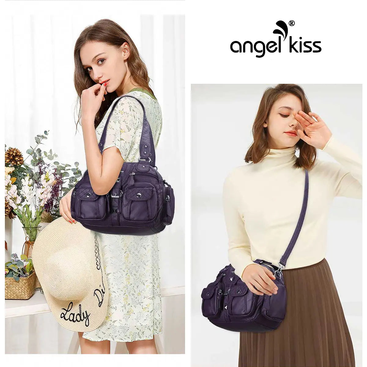 Small Double-Handle Shoulder Bag with Multiple Front Pockets
