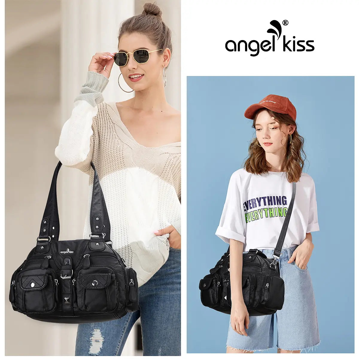 Small Double-Handle Shoulder Bag with Multiple Front Pockets