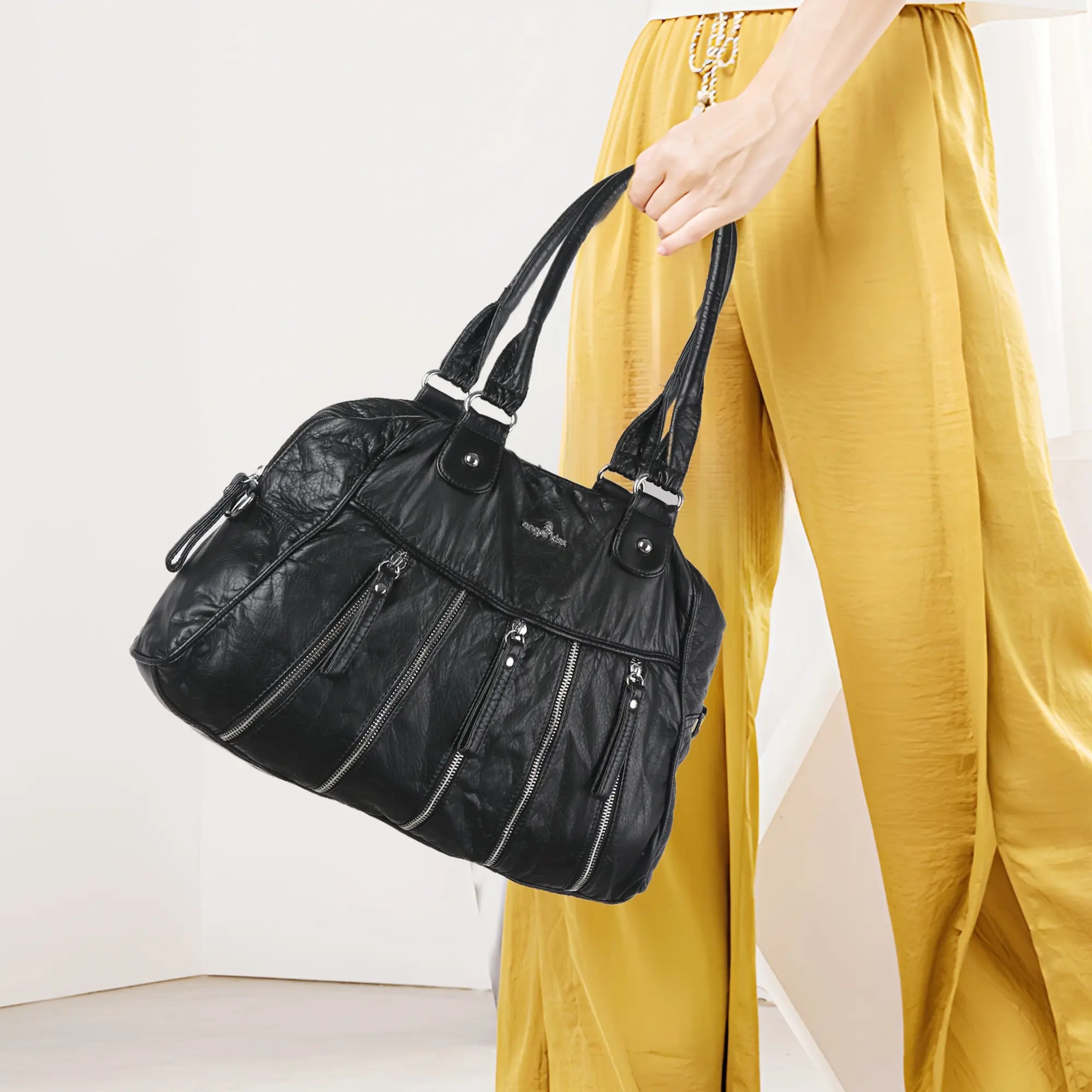Large Multi-Zipper Pocket Satchel Bag with Crossbody Strap