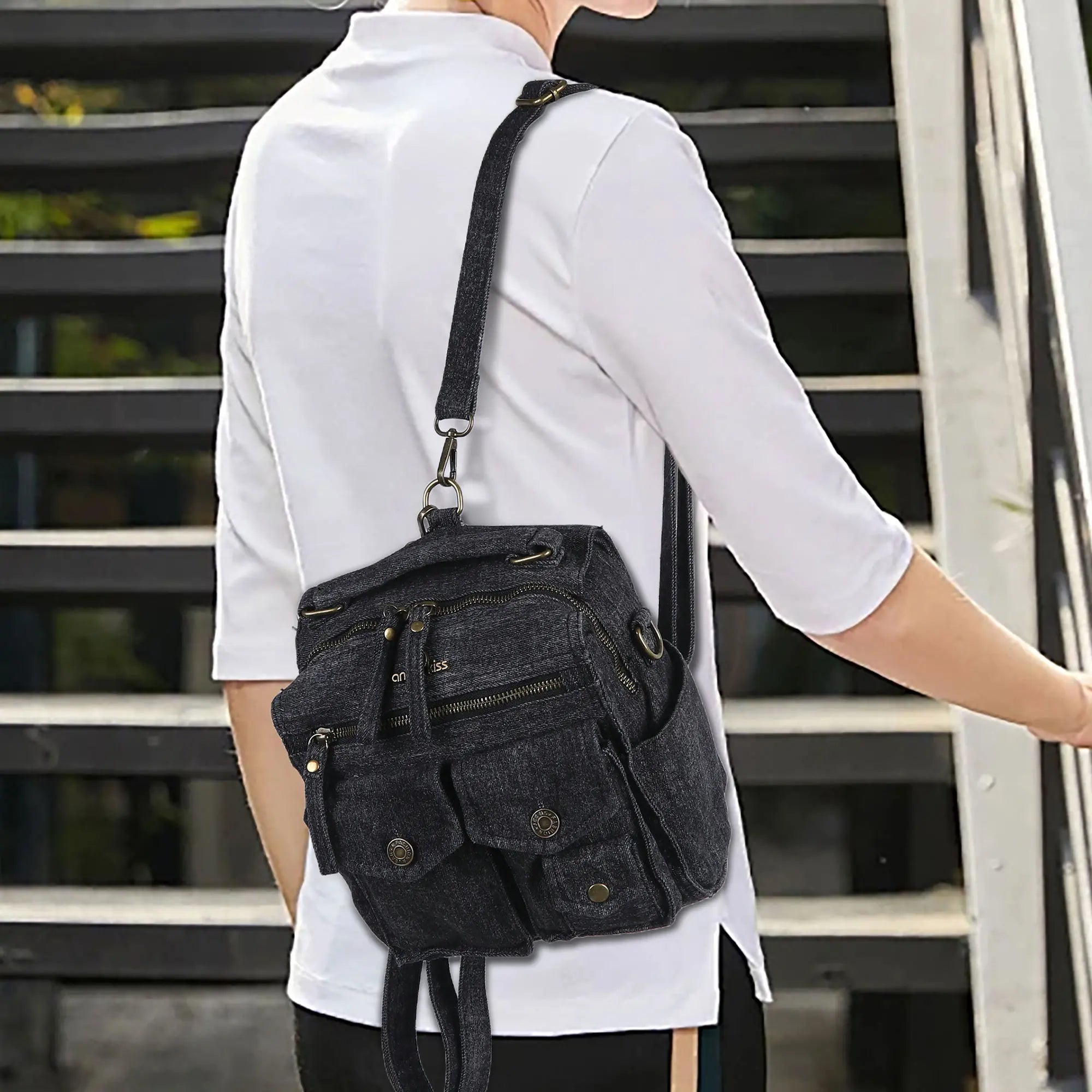 Denim Convertible Backpack Purse with Studded Strap