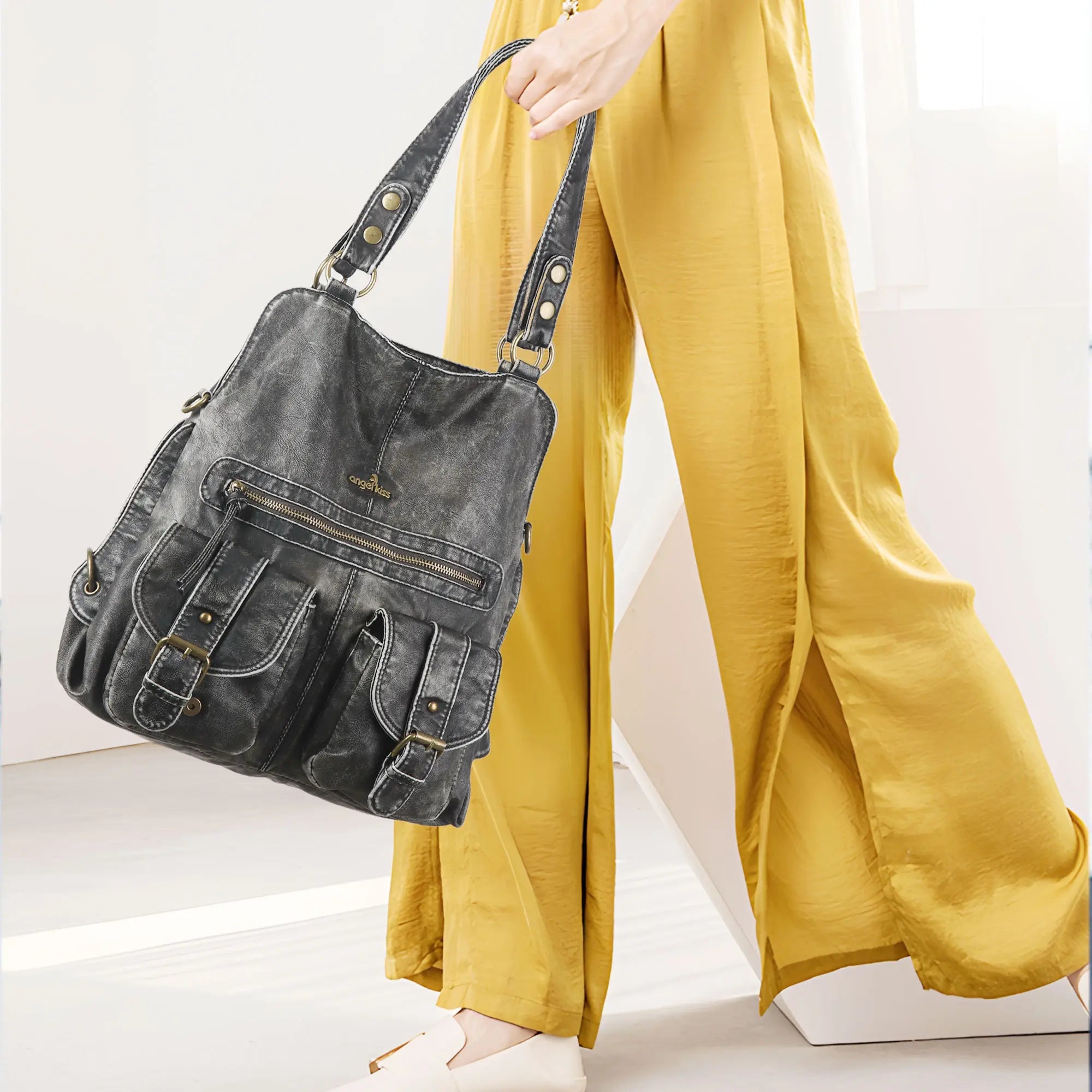 Washed Multi-Pocket Cargo Tote Bag with Crossbody Strap
