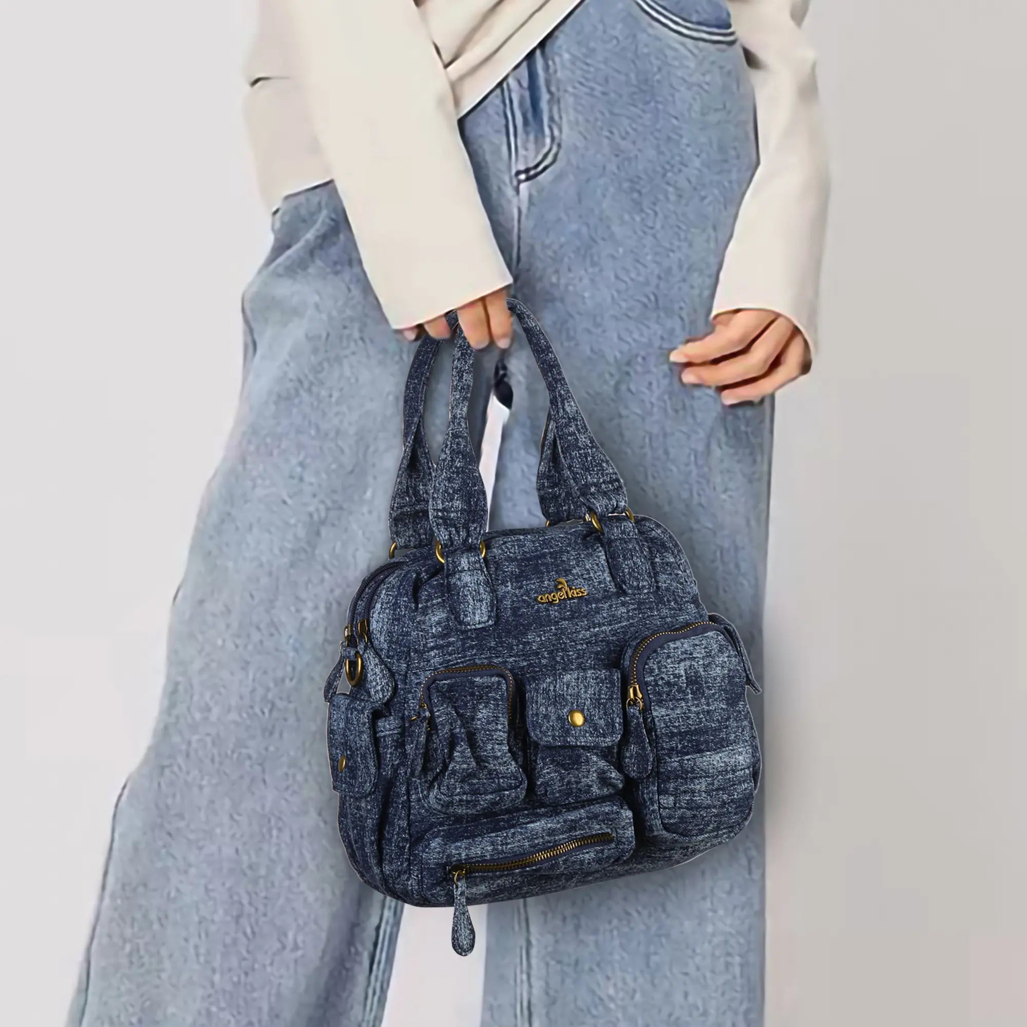 Small Multi-Pocket Denim Satchel Bag with Crossbody Strap