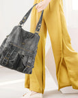 Washed Multi-Pocket Cargo Tote Bag with Crossbody Strap