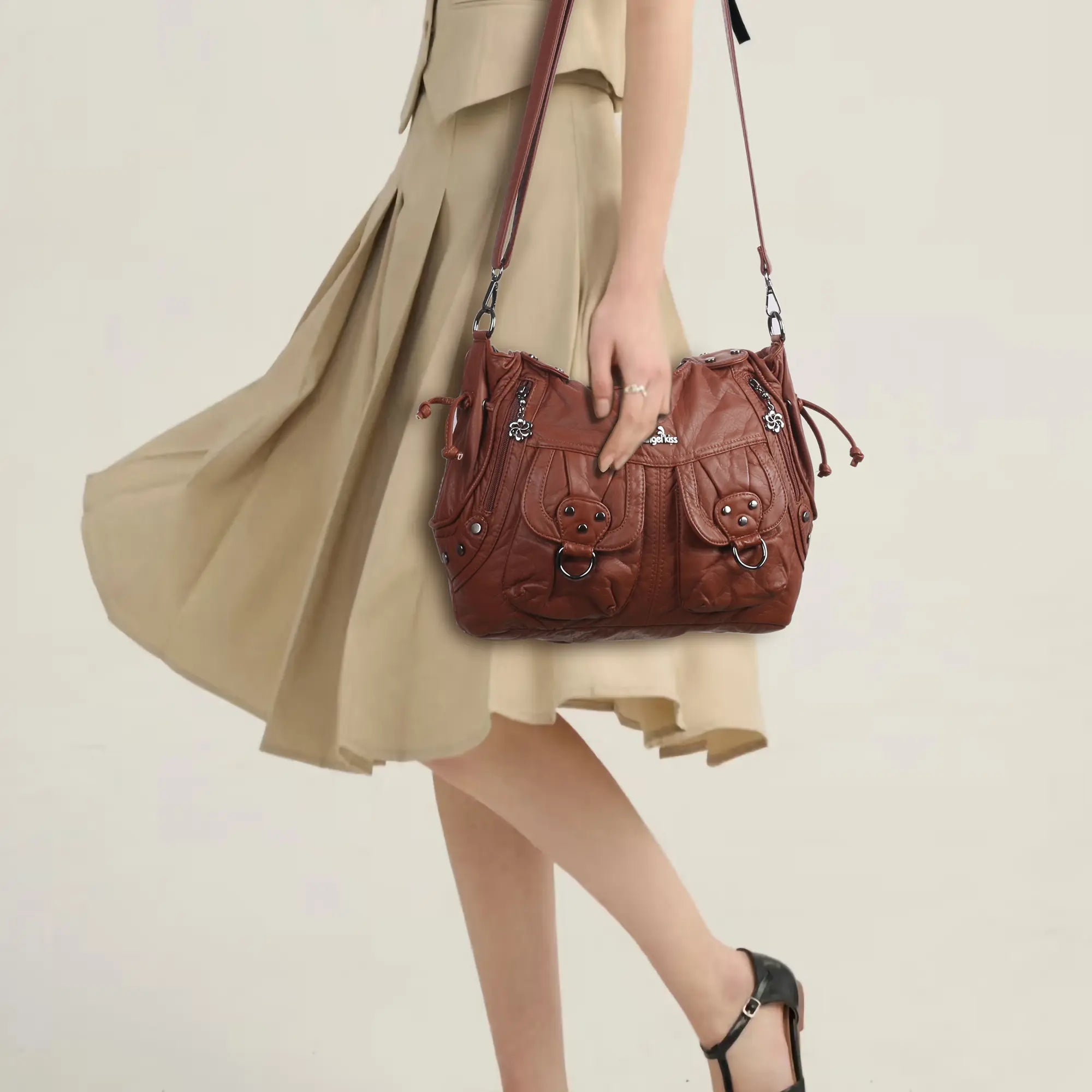 Organized Storage Faux Leather Tote Crossbody Bag Hardware Detail