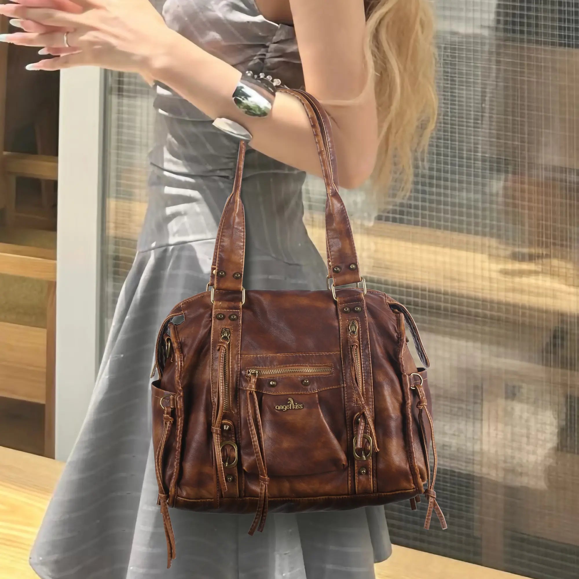 Vintage PU Leather Studded Shoulder Tote Bag for Travel