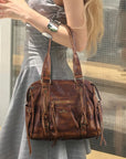 Vintage PU Leather Studded Shoulder Tote Bag for Travel