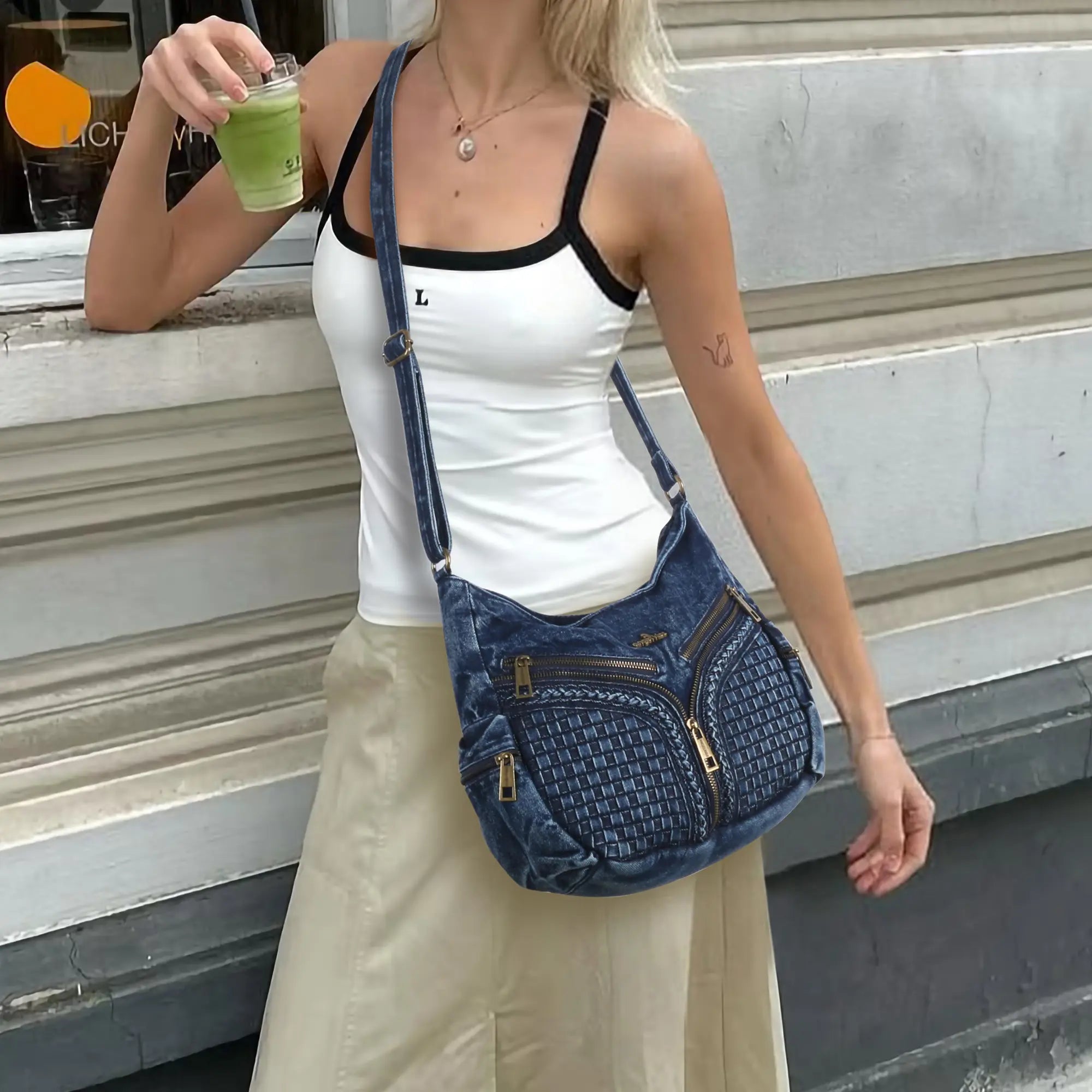 Y2K V-Zip Denim Hobo Shoulder-Crossbody Bag