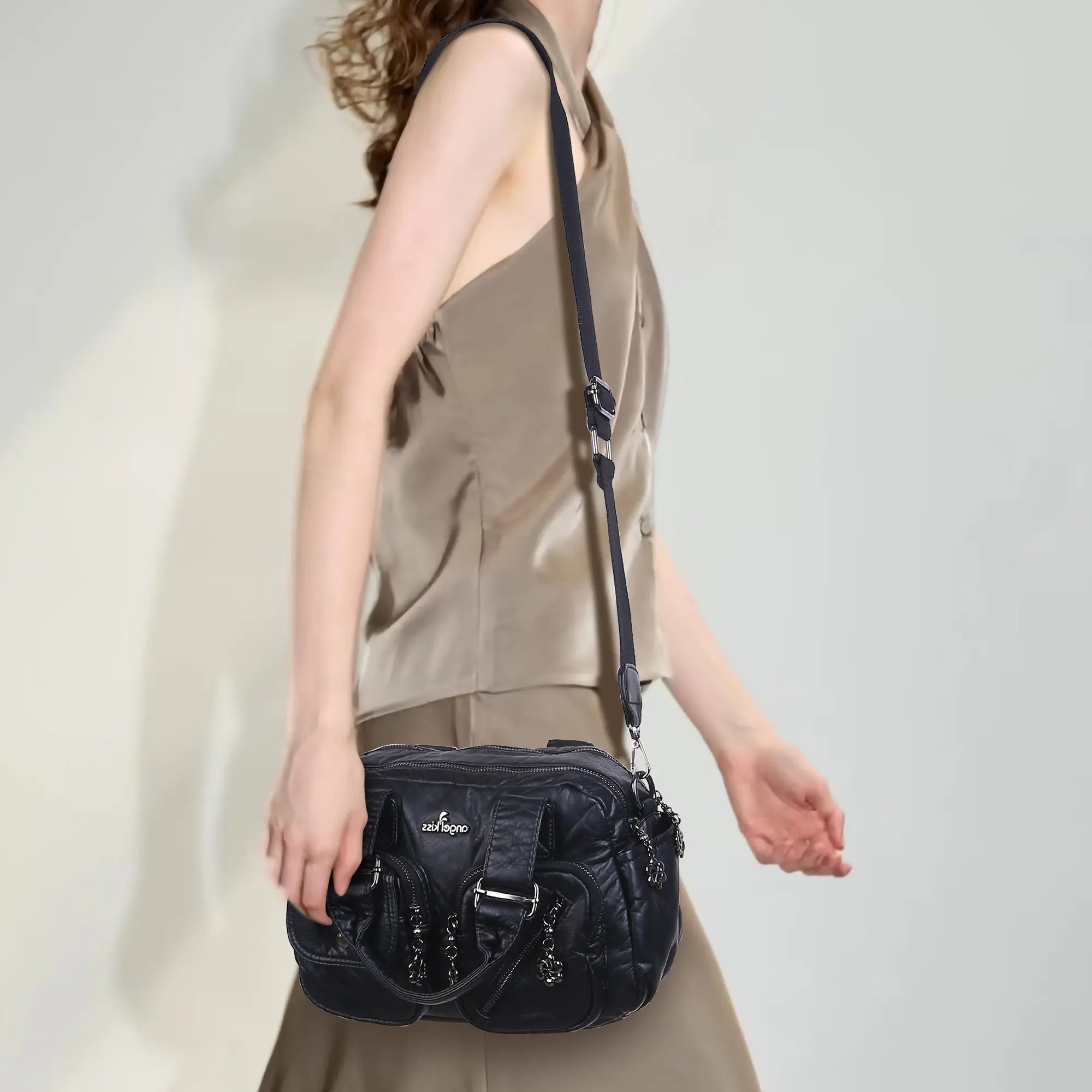Small Multi-Pocket Satchel Bag with Adjustable Crossbody Strap