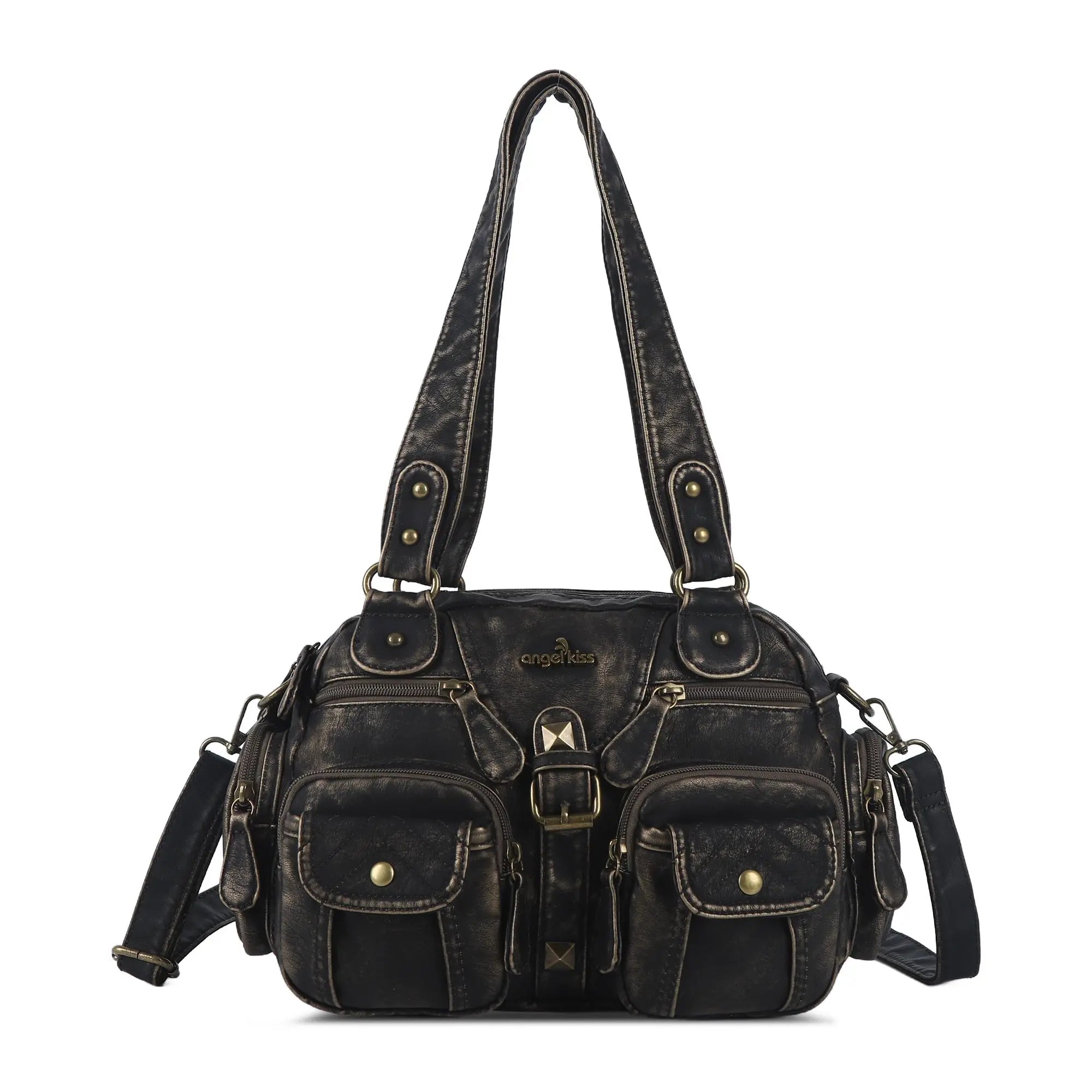 Multi-Pocket Shoulder Bag with Buckle Details and Adjustable Strap