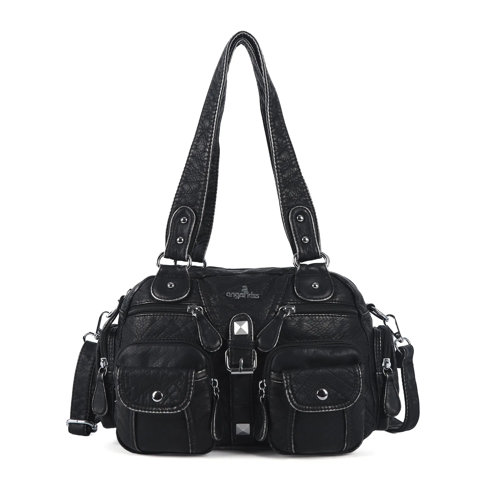 Multi-Pocket Shoulder Bag with Buckle Details and Adjustable Strap