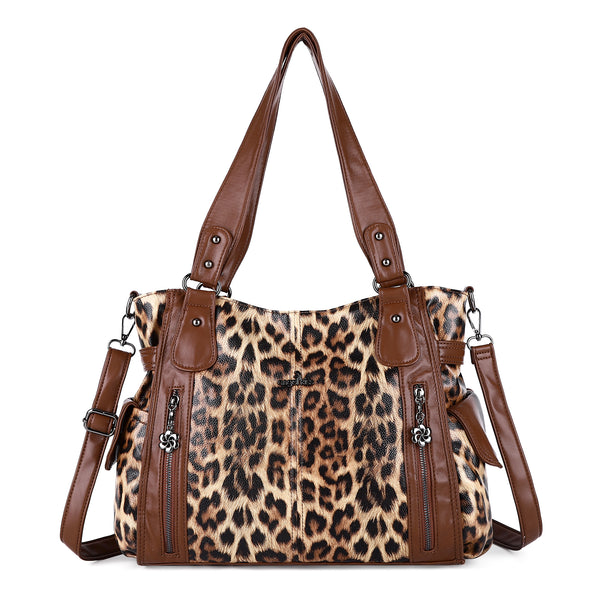 Large Leopard Print Multi-Pocket Satchel Bag for Women