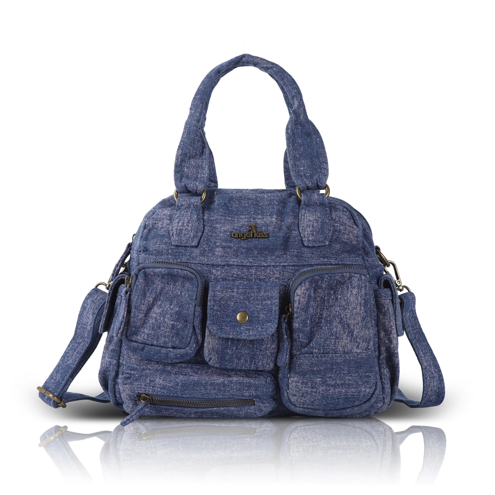 Small Multi-Pocket Denim Satchel Bag with Crossbody Strap