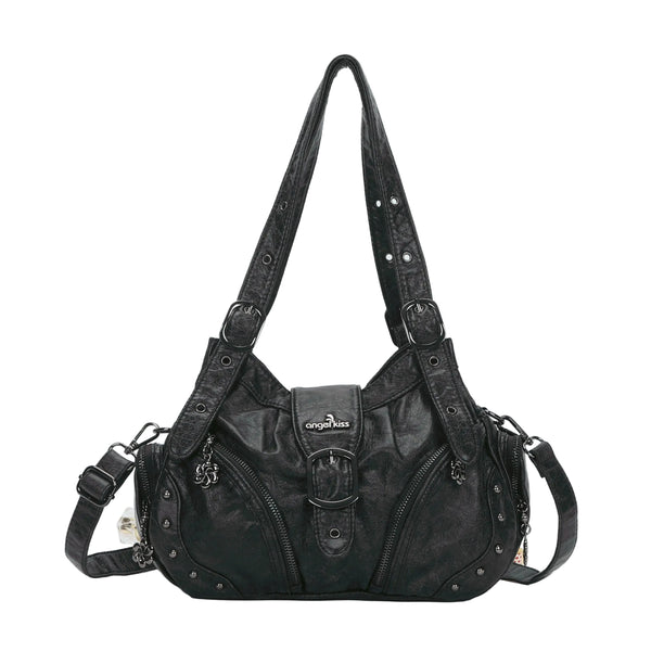 Vintage Moto Buckle Multi-Pocket Satchel Shoulder Bag