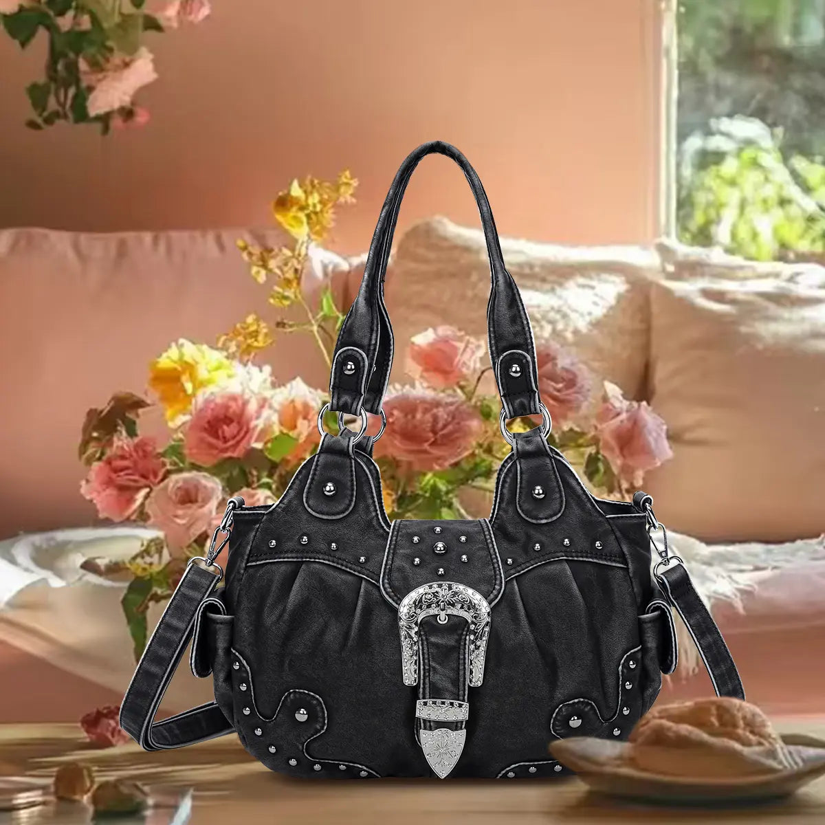 Studded Buckle Satchel Shoulder Bag with Crossbody Strap