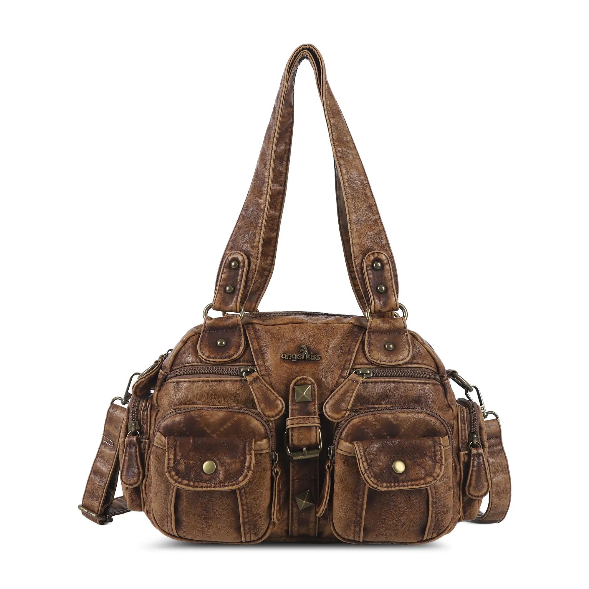 Multi-Pocket Shoulder Bag with Buckle Details and Adjustable Strap