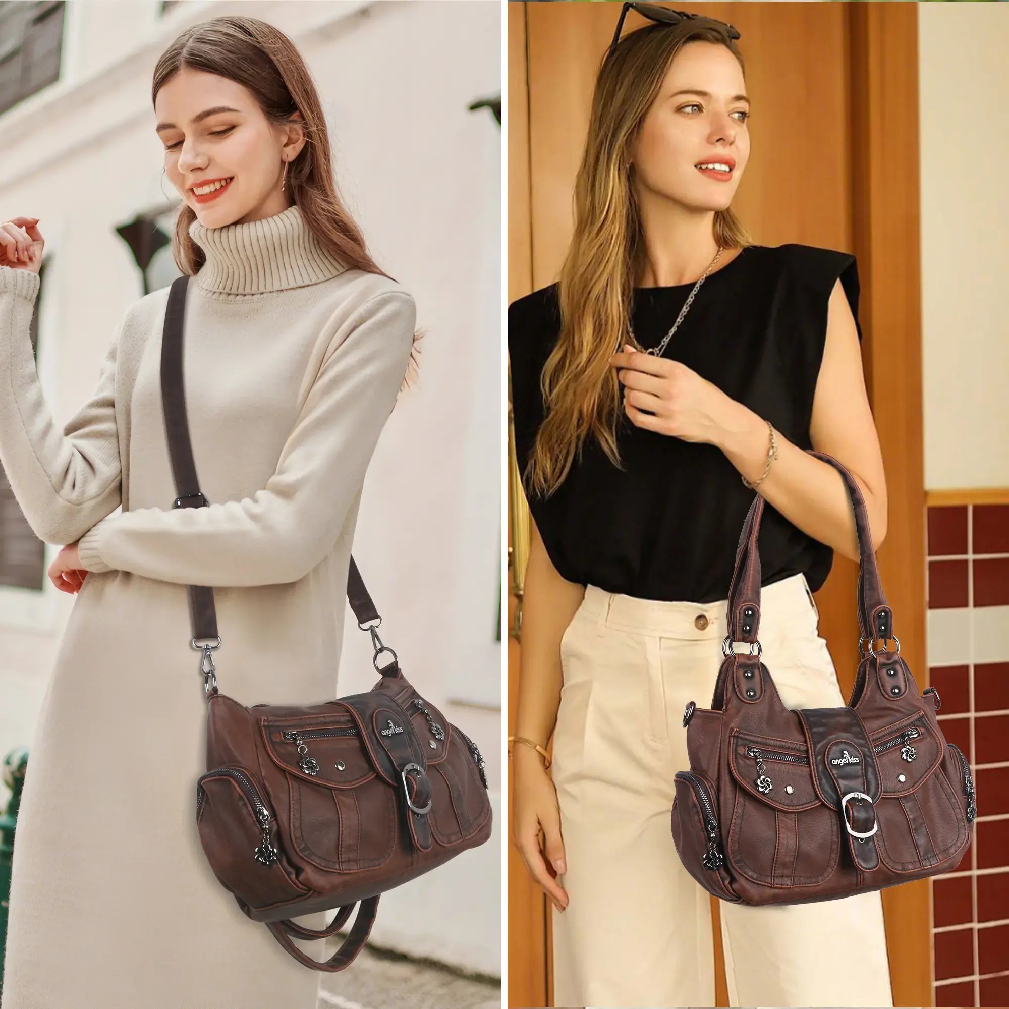 Large Braided Multi-Pocket Hobo Shoulder Bag with Crossbody Strap