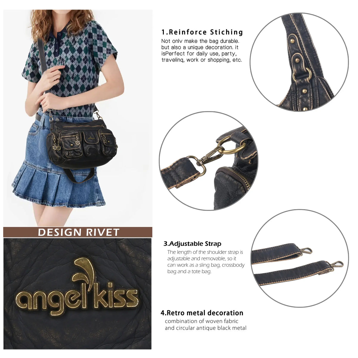 PU Convertible Multi-Pocket Hobo Crossbody Bag