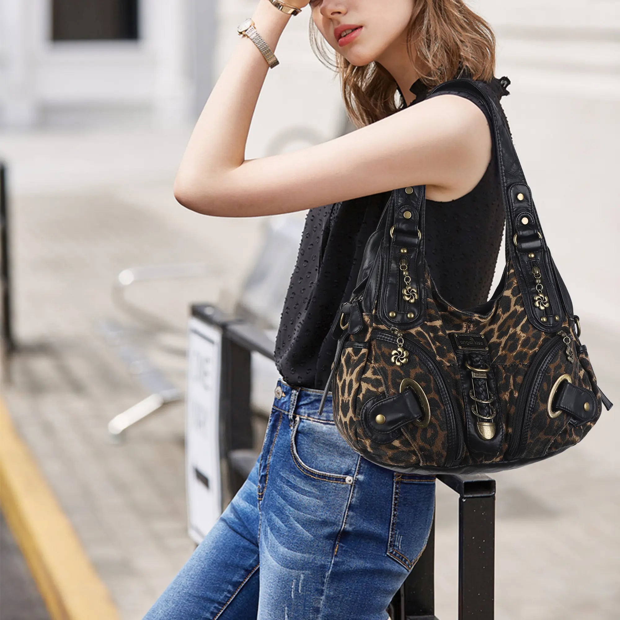 Leopard Print Crescent Shoulder Purse with Top Zip