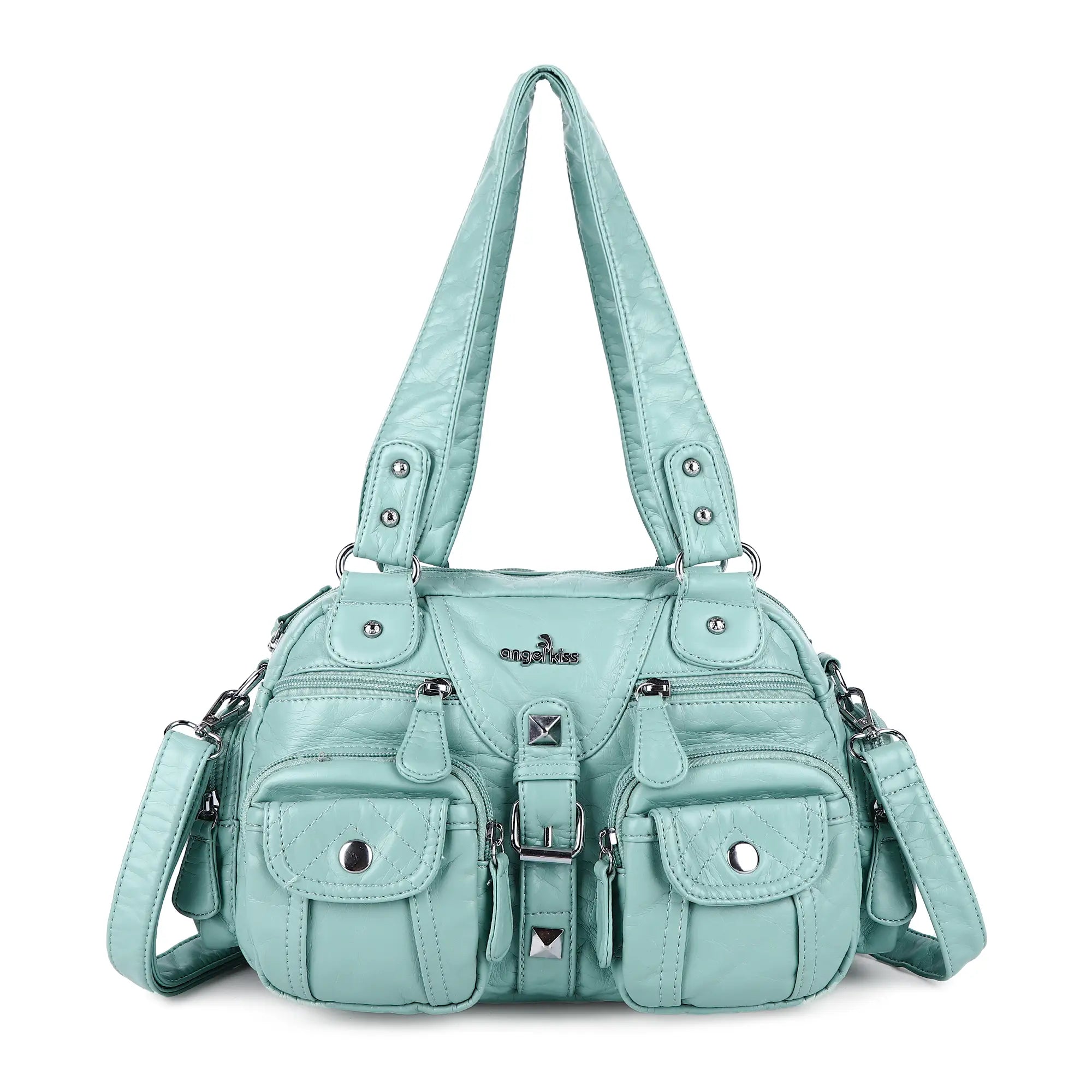 Leopard Print Multi-Pocket Shoulder Bag with Studded Buckle Details