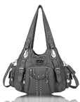 Women Shouder Handbag of Washed PU with Multi-pockets-Angelkiss Bag