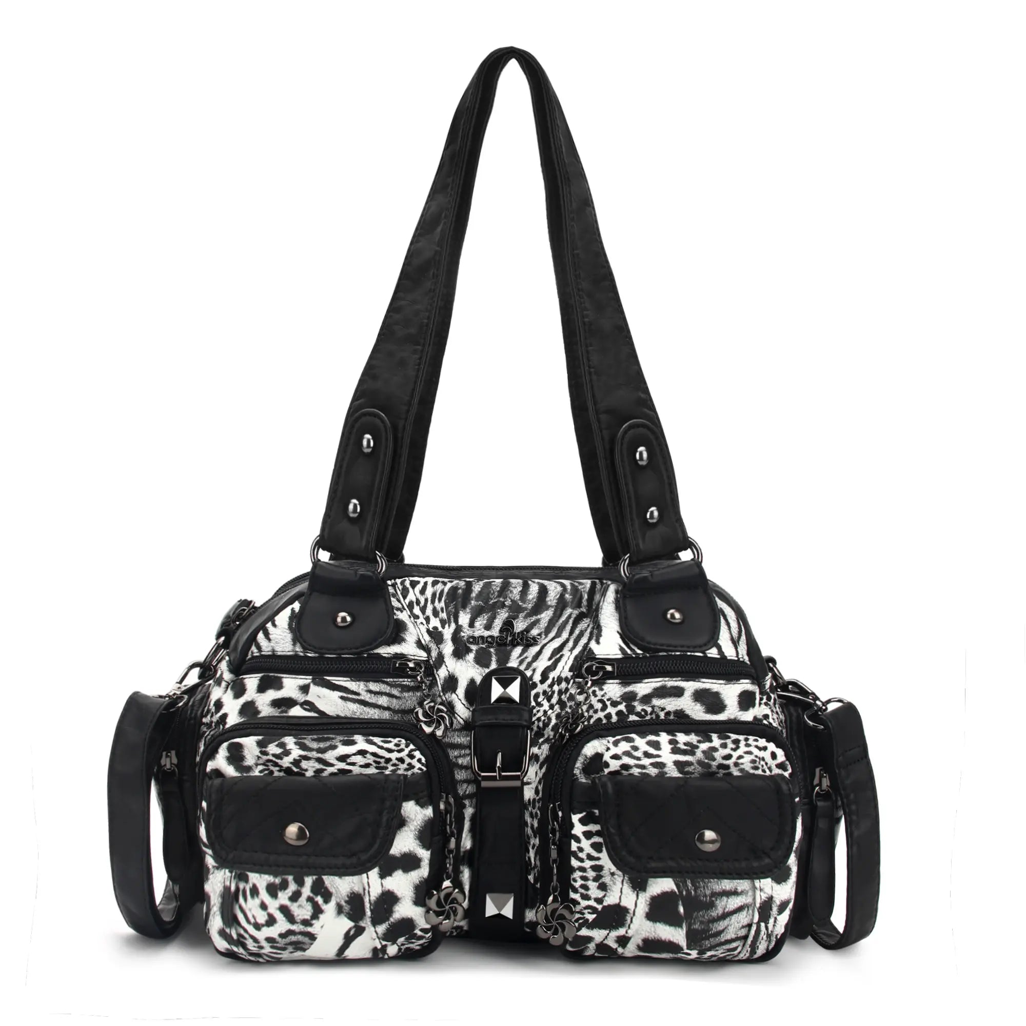 Leopard Print Multi-Pocket Shoulder Bag with Studded Buckle Details