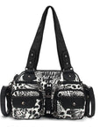 Leopard Print Multi-Pocket Shoulder Bag with Studded Buckle Details