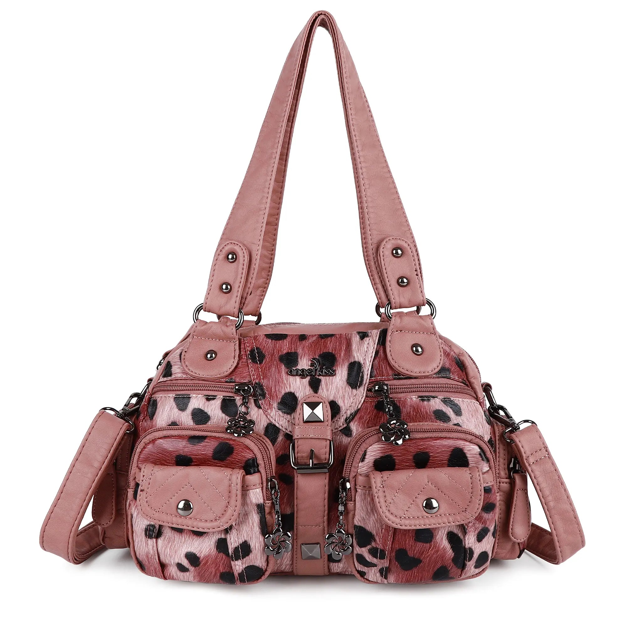 Leopard Print Multi-Pocket Shoulder Bag with Studded Buckle Details