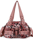 Leopard Print Multi-Pocket Shoulder Bag with Studded Buckle Details