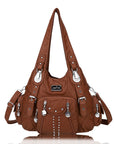 Women Shouder Handbag of Washed PU with Multi-pockets-Angelkiss Bag