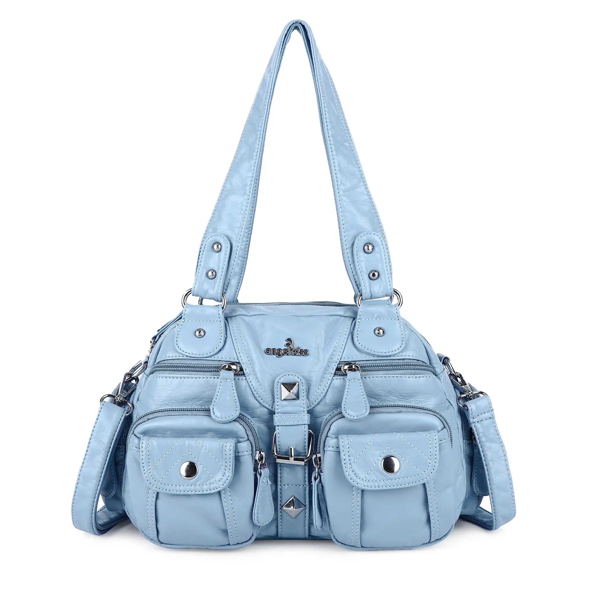 Leopard Print Multi-Pocket Shoulder Bag with Studded Buckle Details
