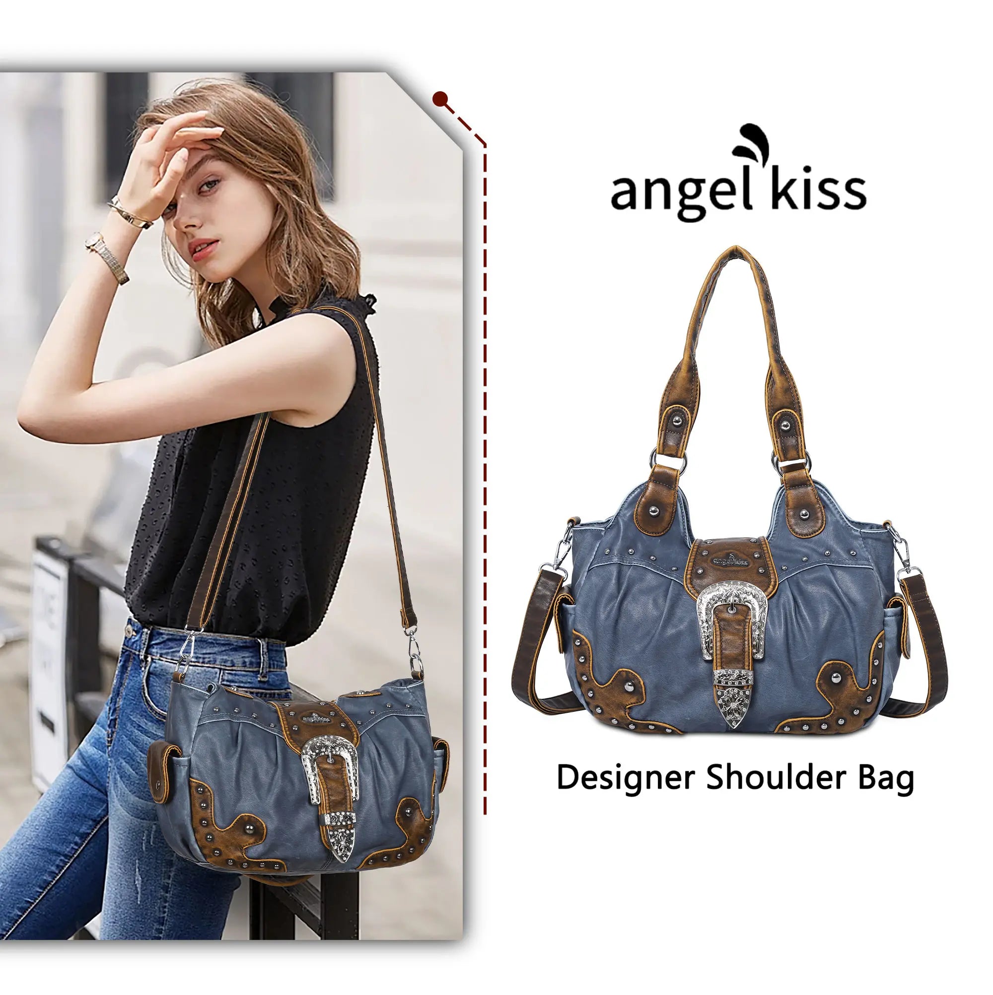 Studded Buckle Satchel Shoulder Bag with Crossbody Strap